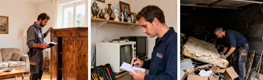 Evaluation Objets Valeur Debarras 82 Trois situations d'évaluation d'objets lors d'un débarras dans le 82 : meubles anciens, biens variés et encombrants