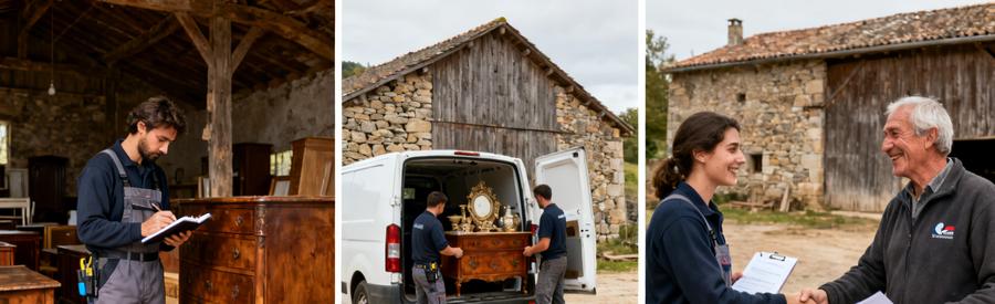 Evaluation Objets Valeur Debarras Compense Lozerien Professionnel évaluant meubles anciens puis chargeant objets valorisables lors d'un débarras compensé en Lozère