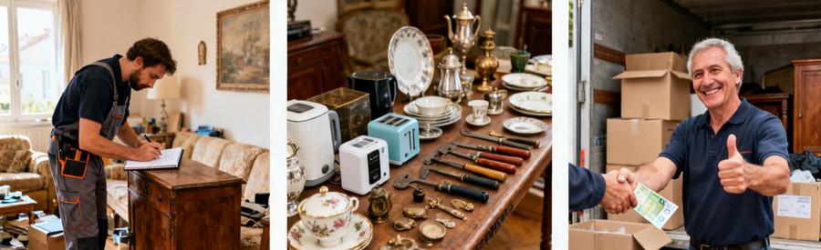 Evaluation Objets Valeur Demenagement Caluire Professionnel évaluant meubles et objets de valeur pour rachat lors d'un débarras de maison à Caluire-et-Cuire