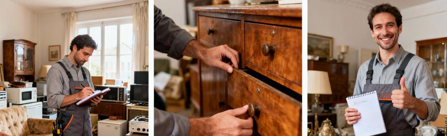 Professionnel évaluant meubles et objets de valeur pour déterminer gratuité ou coût d'intervention à Garges-lès-Gonesse