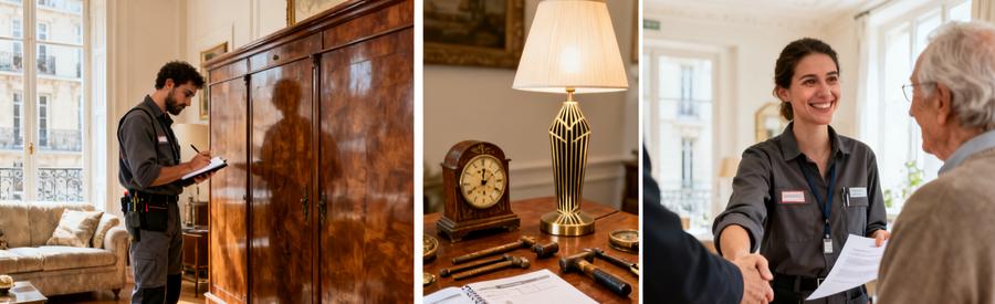 Evaluation Objets Valeur Intervention Gratuite Lyon 9 Professionnel évaluant mobilier ancien et objets de valeur pour déterminer les conditions d'intervention sans frais Lyon 9