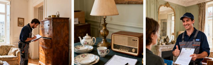 Professionnel évaluant mobilier et objets de valeur lors d'un débarras dans le 4ème arrondissement de Lyon