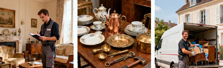 Professionnel évaluant meubles vintage et objets de valeur pour débarras gratuit à Livry-Gargan