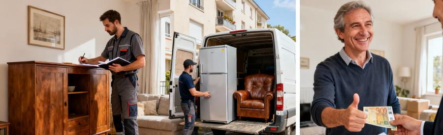 Professionnel évaluant meubles de valeur puis remettant paiement au propriétaire après débarras à Évry-Courcouronnes