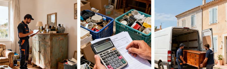 Professionnel évaluant meubles et objets valorisables lors d'une intervention de débarras à Sète dans l'Hérault