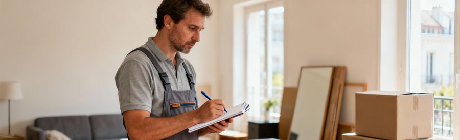 Evaluation Professionnelle Appartement Villejuif Professionnel du débarras évaluant un appartement à Villejuif avec carnet pour établir une estimation précise