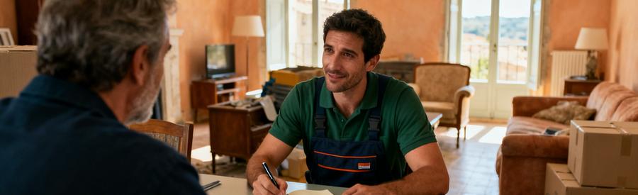Evaluation Professionnelle Debarras Carcassonne Professionnel du débarras évaluant un bien à Carcassonne, prenant des notes sur carnet face au propriétaire