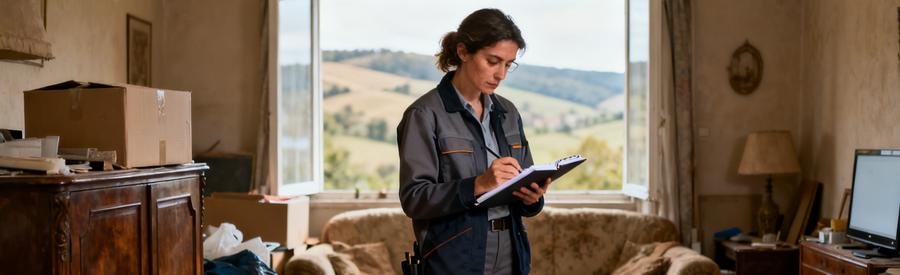 Evaluation Professionnelle Demenagement Tarn Débarrasseuse professionnelle évaluant des meubles et cartons dans une maison du Tarn avant intervention