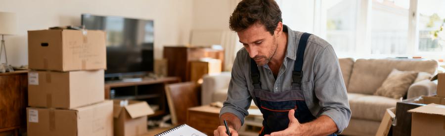 Evaluation Professionnelle Demenagement Venissieux Professionnel évaluant un projet d'évacuation d'encombrants à Vénissieux avec prise de notes détaillées