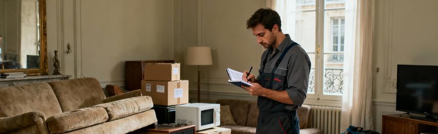 Professionnel évaluant volume d'encombrants dans salon à Garges-lès-Gonesse pour établir estimation tarifaire précise