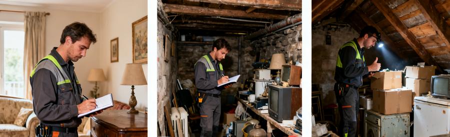Evaluation Professionnels Contenu Logement Ermont Trois débarrasseurs professionnels évaluant le contenu de différentes pièces d'un logement à Ermont