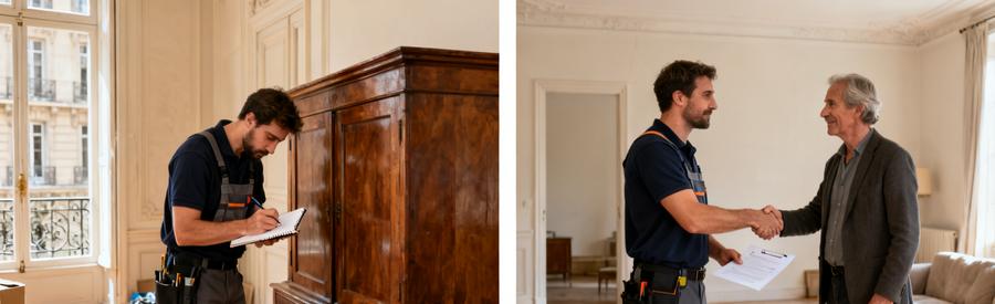 Evaluation Rachat Mobilier Ancien Villeurbanne Professionnel évaluant mobilier ancien à Villeurbanne pour réduction du coût de débarras grâce au rachat d'objets