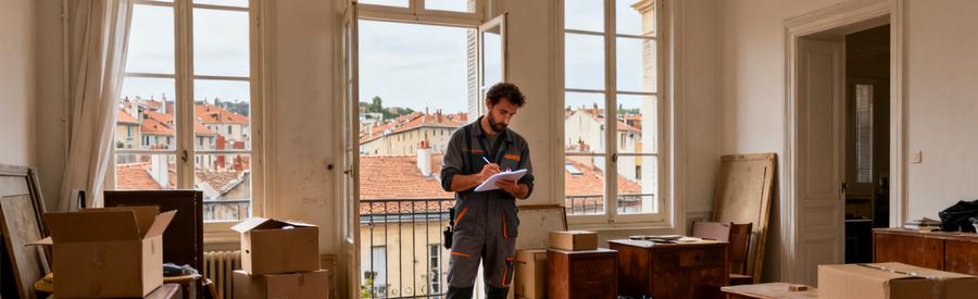 Professionnel évaluant le volume d'un appartement encombré sur le plateau de la Croix-Rousse à Lyon 4ème