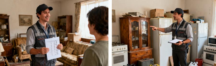 Professionnel expliquant l'évaluation tarifaire d'encombrants à un particulier dans un intérieur à Vanves