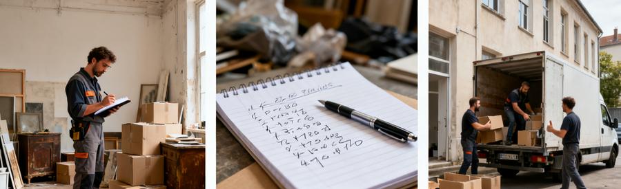 Evaluation Tarif Studio Encombre Professionnel Professionnel évaluant le volume d'encombrants dans un studio pour établir une estimation tarifaire précise