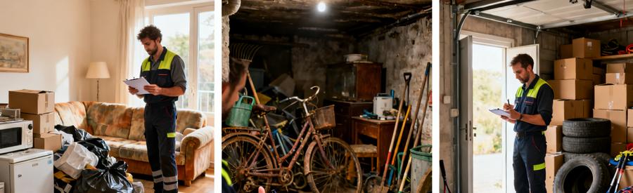 Evaluation Tarifs Debarras Appartement Cave Garage Évaluation professionnelle de trois espaces différents pour estimer les tarifs de débarras selon le volume