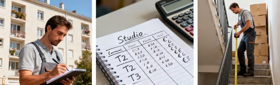 Professionnel évaluant les critères de tarification d'un débarras à Évry-Courcouronnes : volume, étage et accès