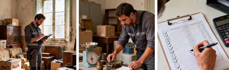 Processus d'évaluation tarifaire par débarrasseur professionnel à Auch : inspection, estimation objets, calcul final
