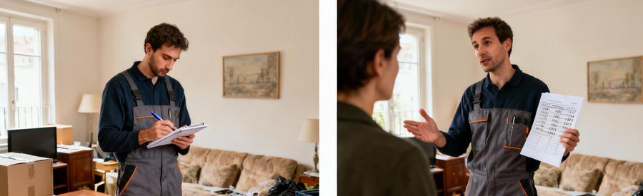 Professionnel évaluant le volume d'encombrants puis expliquant les tarifs de débarras à un client à Franconville