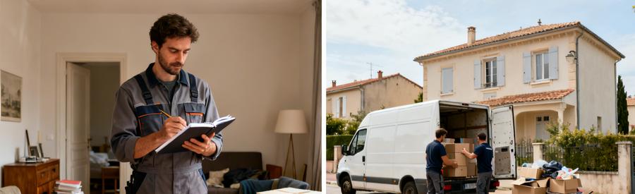 Evaluation Tarifs Debarras Volume Balma 31 Professionnels évaluant différents volumes de débarras à Balma : appartement F2, maison F4 et chargement maison F5