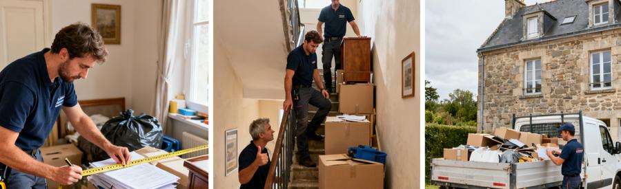 Evaluation Volume Accessibilite Debarras Quimper Trois étapes du débarras : mesure des volumes, évaluation de l'accessibilité et chargement de la camionnette par professionnels à Quimper.