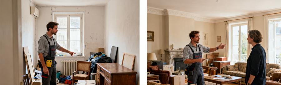 Evaluation Volume Debarras Compiègne Débarrasseur professionnel évaluant différents volumes : petit logement vs grande maison, pour expliquer les variations de tarifs selon la taille du bien à Compiègne.