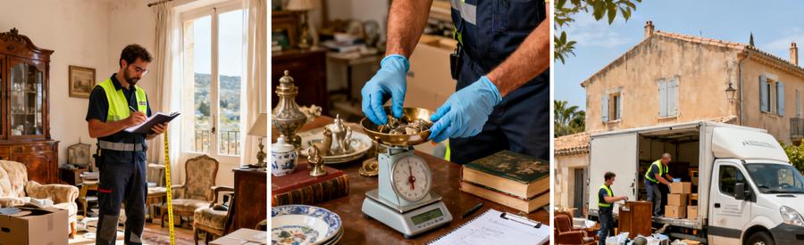 Evaluation Volume Objets Debarras Lunel Professionnel évaluant volume et valeur des objets lors d'un débarras à Lunel pour déterminer le coût d'intervention