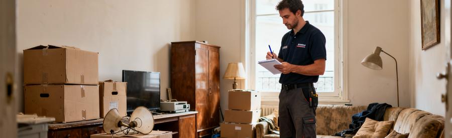 Professionnel évaluant le volume d'encombrants dans un salon à Thiais avec bloc-notes pour établir un tarif