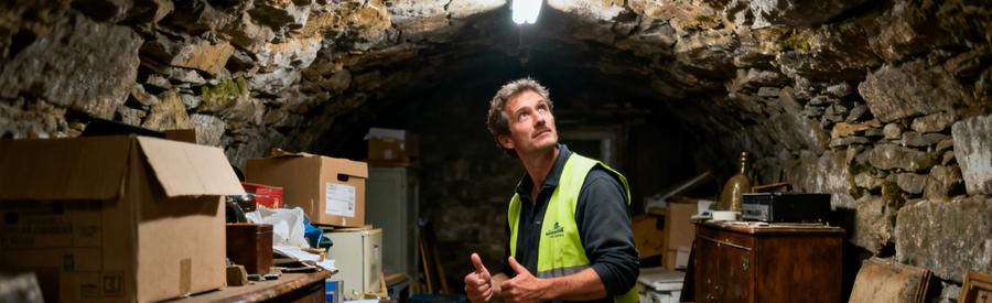 Expert Debarrasseur Cave Finistere Professionnel du débarras évaluant une cave encombrée en Finistère, démontrant l'expertise adaptée à chaque situation de désencombrement