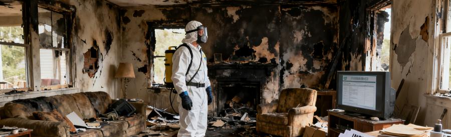 Expertise Sinistre Evacuation Encombrants Débarrasseur évaluant les dégâts après sinistre avec documents d'assurance pour remboursement