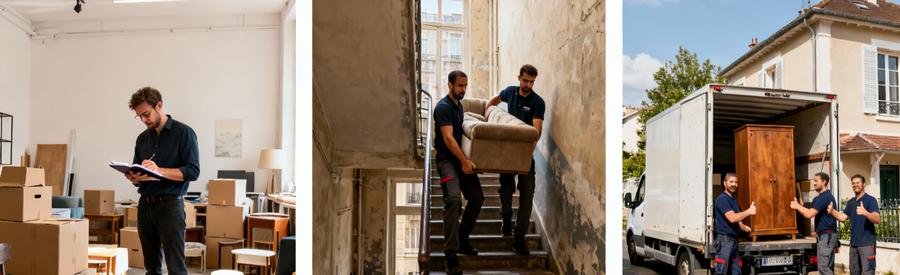 Professionnels évaluant volume et accessibilité pour tarif débarras : studio, escaliers étage, chargement maison