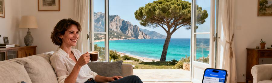 Femme Detente Offres Debarras Corse Femme souriante en Corse recevant plusieurs offres de débarrasseurs sans effort, baie vitrée sur la mer méditerranéenne