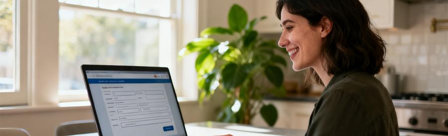 Femme Remplissant Formulaire Demande Ligne Femme remplissant un formulaire de demande en ligne sur son ordinateur dans une cuisine lumineuse et moderne