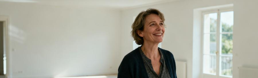 Femme Satisfaction Salon Vide Quimper Femme souriante dans un salon vide et lumineux après un débarras professionnel à Quimper