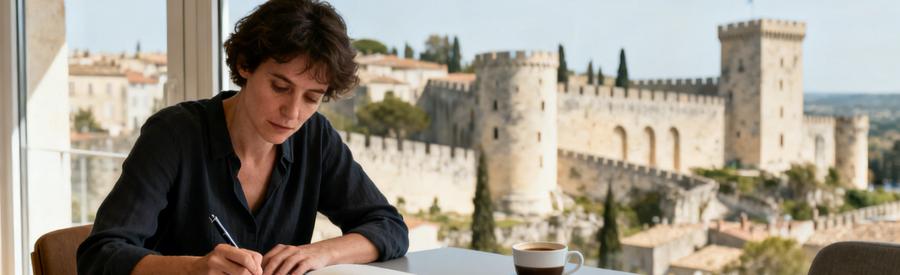 Formulaire Demande Debarras Avignon Vaucluse Personne remplissant formulaire de demande de débarras à Avignon avec photos et plan de maison sur table