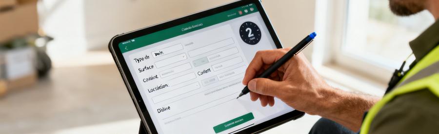 Formulaire Demande Debarras Centre Val Loire Personne complétant en 2 minutes un formulaire de demande de débarras sur tablette avec stylo, champs visibles pour type de bien et localisation.