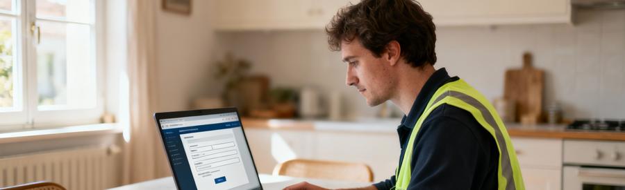 Personne remplissant formulaire de demande de débarras en ligne sur ordinateur dans maison à Franconville Val-d'Oise