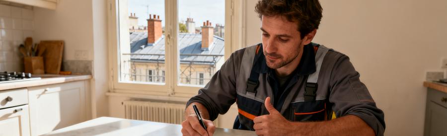 Personne remplissant formulaire pour demander offres de professionnels à Lyon 4ème, carnet et smartphone sur table