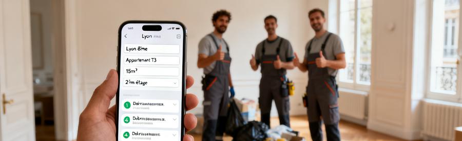 Formulaire Demande Offres Smartphone Lyon 8 Smartphone affichant formulaire de demande d'offres avec localisation Lyon 8ème et notifications de réponses professionnelles