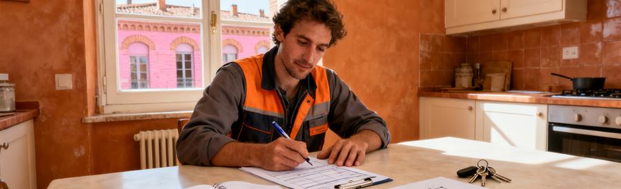 Formulaire Description Besoin Professionnel 31 Personne remplissant formulaire détaillé pour demande intervention professionnelle à Toulouse dans cuisine lumineuse