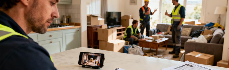 Personne remplissant formulaire de description d'encombrants avec photos de cave sur smartphone à Auch