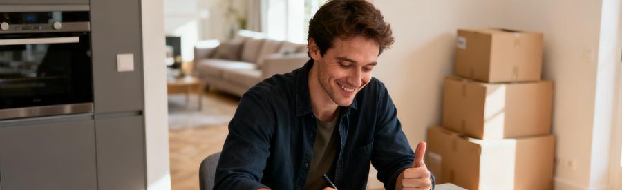 Personne remplissant formulaire de demande sur tablette dans cuisine à Pontoise avec cartons en arrière-plan