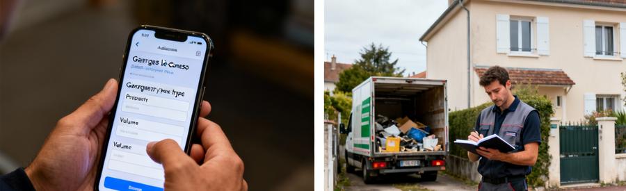 Processus en deux étapes : formulaire en ligne sur smartphone puis consultation d'un débarrasseur à Garges-lès-Gonesse