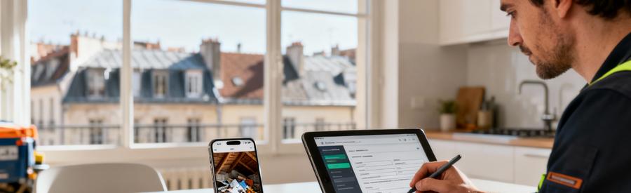 Formulaire Ligne Demande Intervention Lyon 3eme Personne remplissant un formulaire en ligne sur tablette pour demander des offres de professionnels dans Lyon 3ème