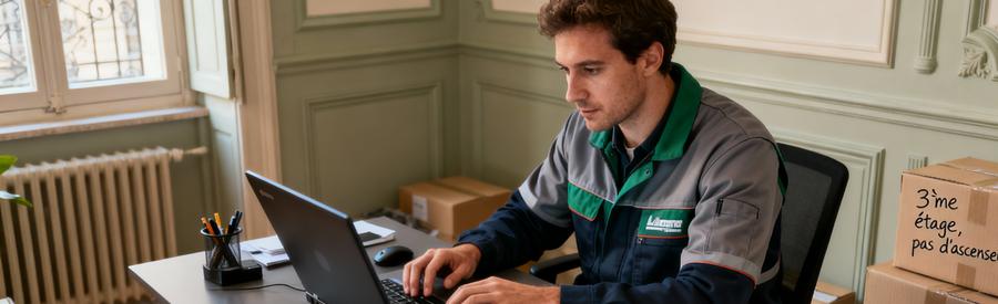 Personne remplissant formulaire en ligne pour projet débarras Lyon 2ème avec détails adresse étage ascenseur volume