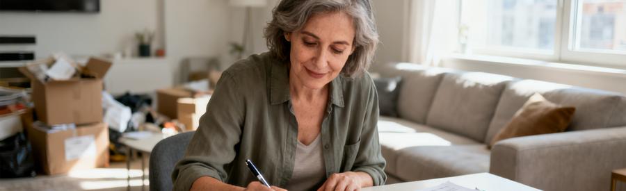 Formulaire Sinistre Debarras Simple Femme complétant formulaire de demande de débarras post-sinistre à table, documents organisés autour d'elle.