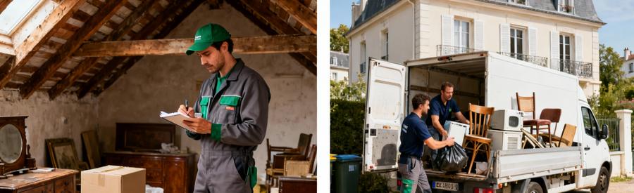 Professionnels du débarras évaluant objets en grenier puis chargeant encombrants dans camionnette à Livry-Gargan