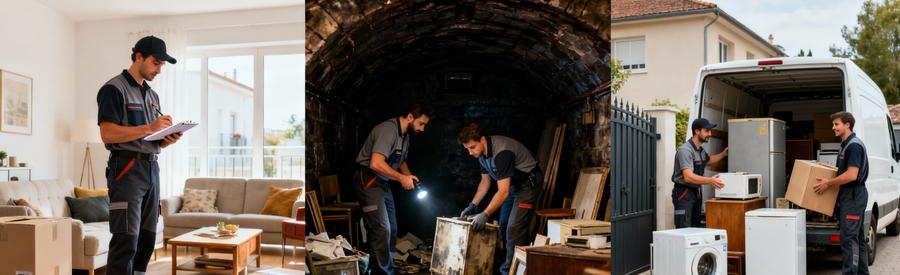 Intervention Polyvalente Appartement Cave Garage Professionnels intervenant dans appartement, cave et garage, montrant la polyvalence des services de débarras