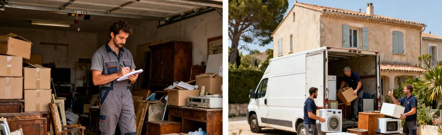 Intervention Professionnelle Garage Chargement Lunel Débarrasseur évaluant un garage encombré et équipe chargeant une camionnette lors d'une intervention à Lunel