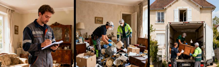 Triptyque montrant succession, intervention Diogène et vide-logement complet par professionnels à Franconville